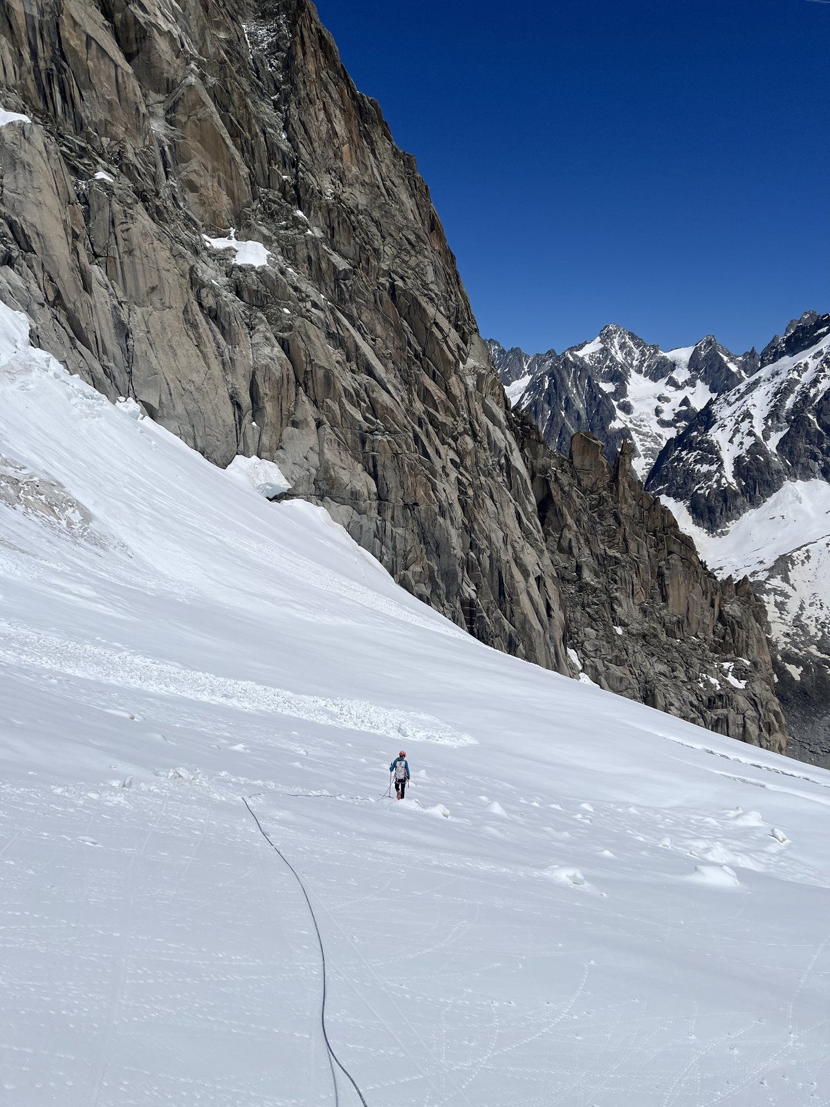 The descent begins on the Envers du Plan glacier.