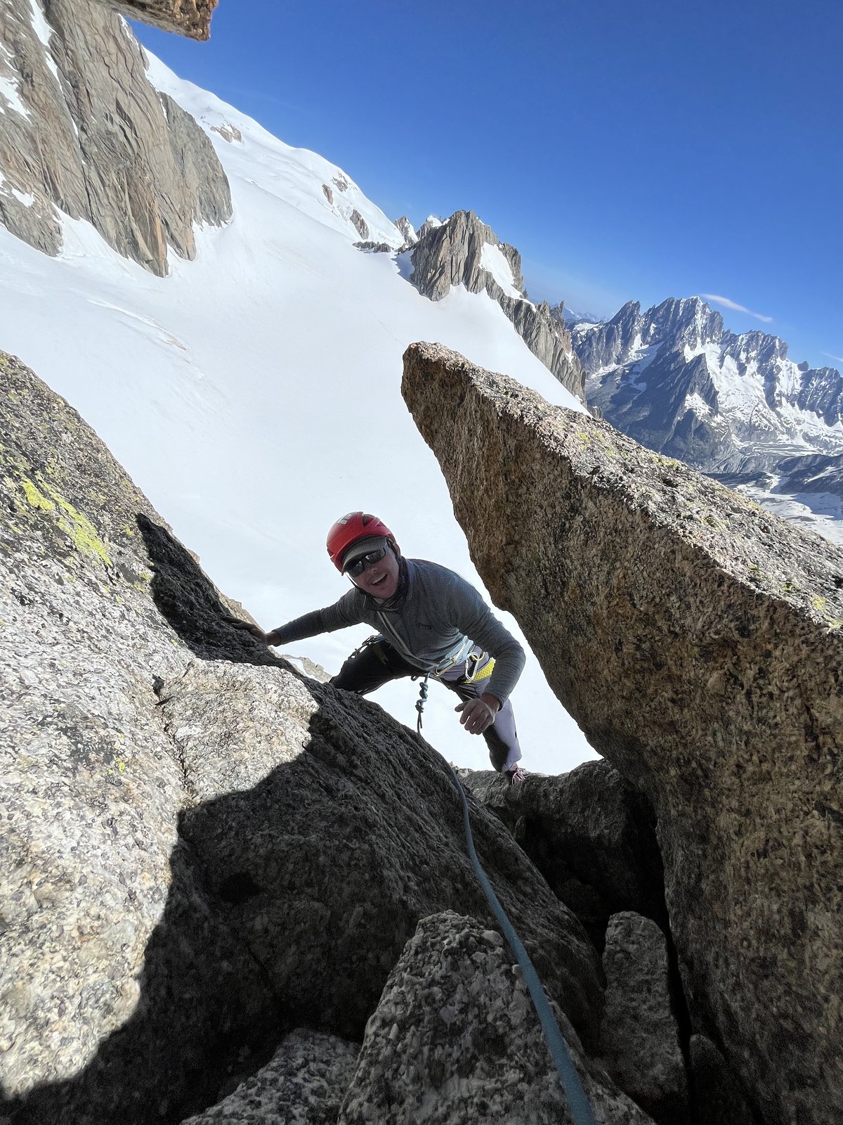 Good granite, the aiguilles as a backdrop.
